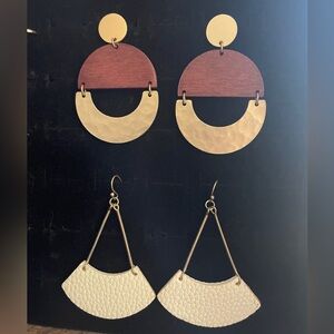 Geometric Wood & Gold Statement Earrings + Cream Leather Teardrops (2 Pairs)